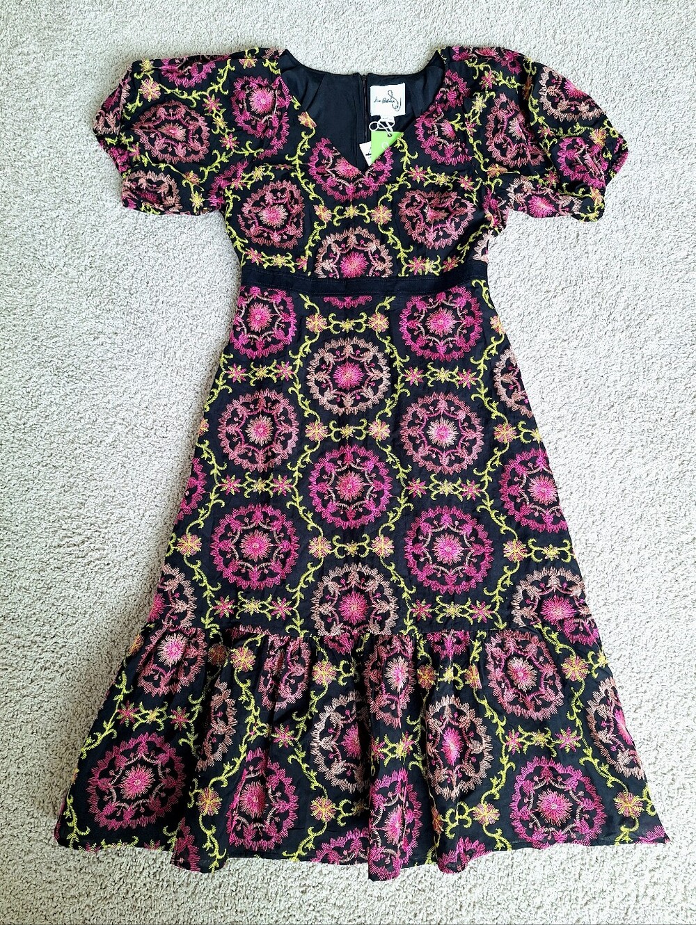 Sam Edelman Embroidered Pink Green Black Puff Sleeve V-neck Midi Dress Size 88 - Picture 6 of 12